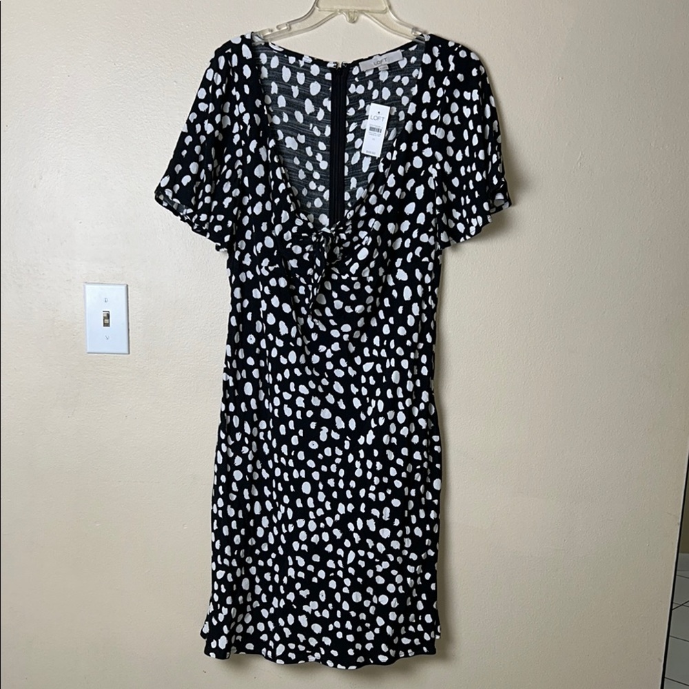 LOFT Black and White V-Neck Flutter Sleeve Mini Dress